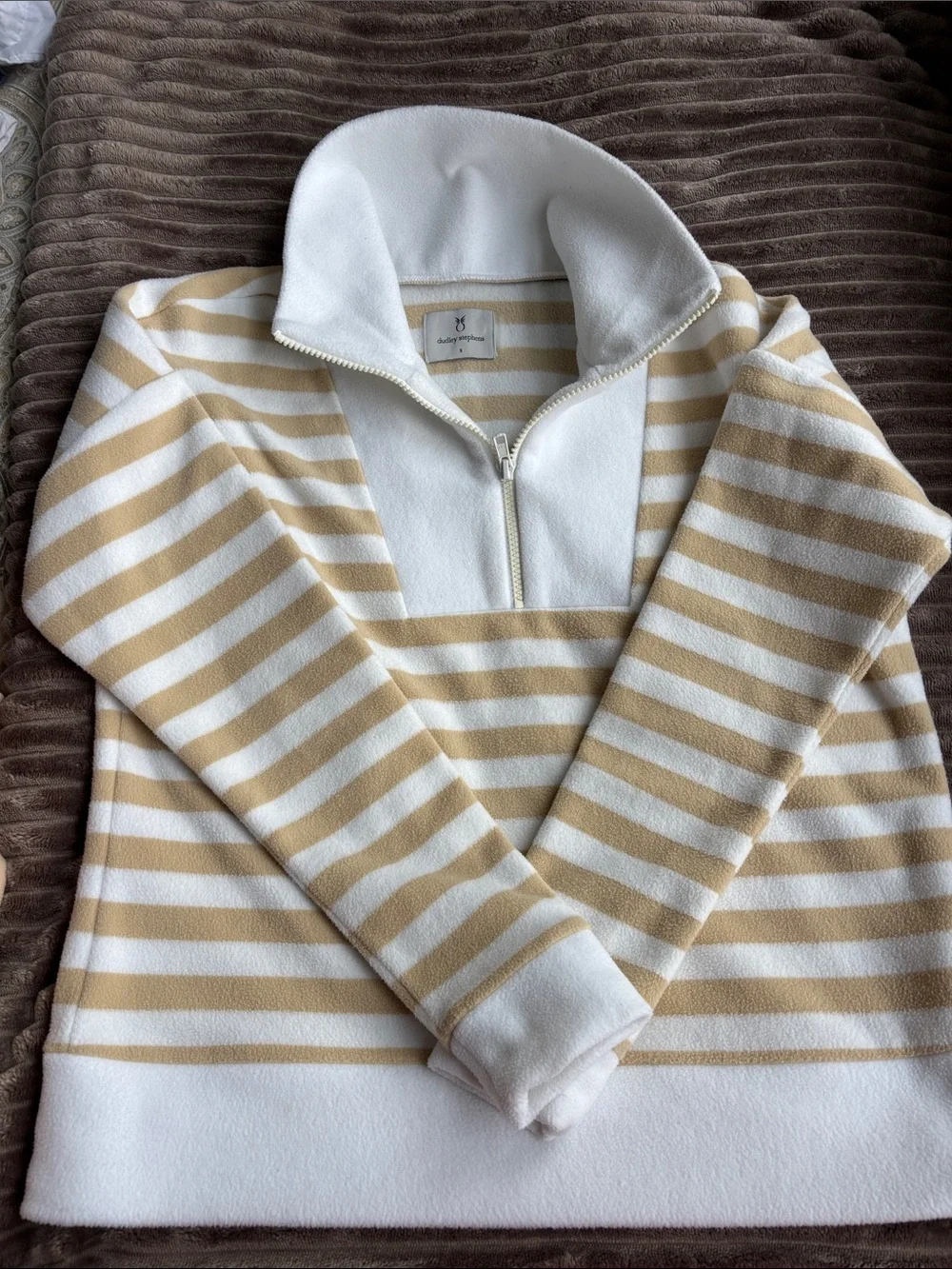 Dudley Stephens Cream and Tan Striped Half-Zip Sweater